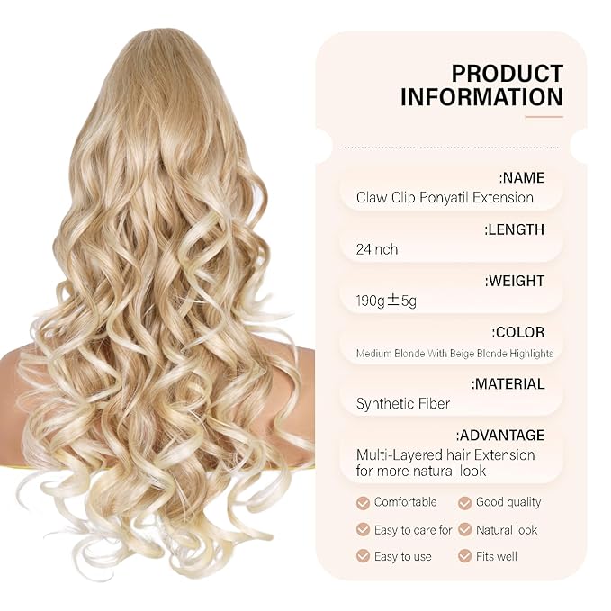 24 Inch Ponytail Extension, Clip on Ponytails for Women, Long Curly Wavy Ponytail Extensions for Women, Synthetic Layered Pony Tails Hair Extensions (Color:Medium Blonde with Bleach Blonde Ends)
