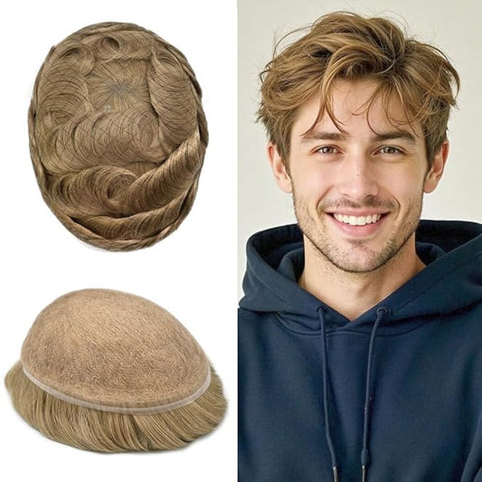 Toupee For Men Real Human Hair System For Mens Toupee Full Swiss Lace Hair Piece For Men Bleached Knots 8x10 120% Medium light density 20# LIGHT ASH BLONDE