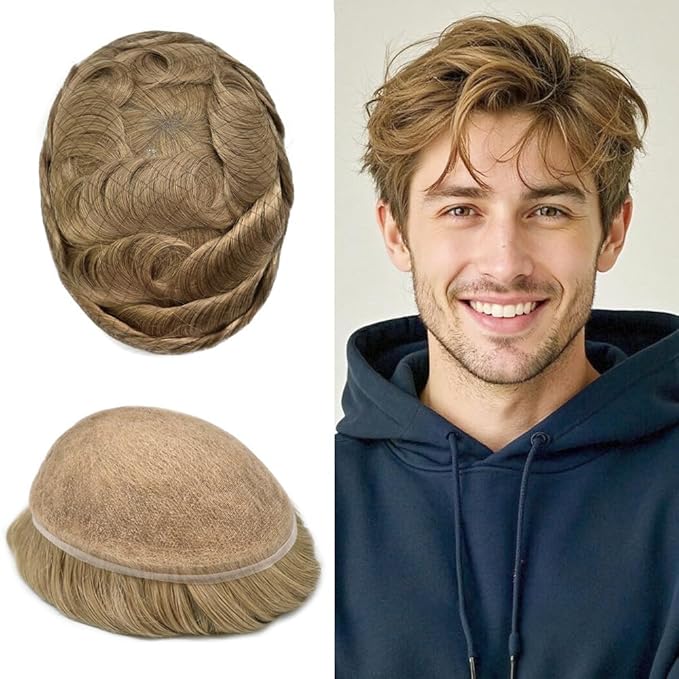 Toupee For Men Real Human Hair System Full Swiss Lace Mens Toupee Lace Hair Piece For Men Hair System Bleached Knots 8x10-80% light density20# LIGHT ASH BLONDE