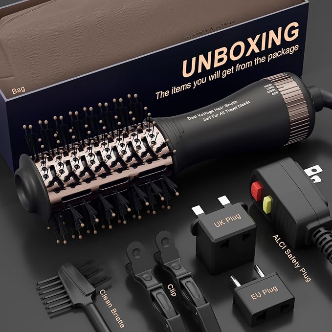 Travel Dual Voltage Blow Hair Dryer Brush 4-IN-1 Portable Mini Hot Air Dryer Straightener & Curler Brush, Titanium 2-Inch Blowout Styler Volumizer Tool, 110/240V US/EU/UK Plug for International Travel