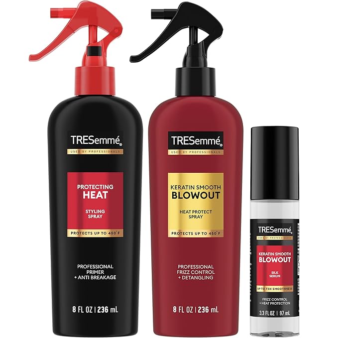 TRESemmé Blowout Products for Hair with 450°F Heat Protection & Frizz Control – Keratin Smooth Blowout Spray & Silk Serum + Protecting Heat Spray (3 Piece Set)