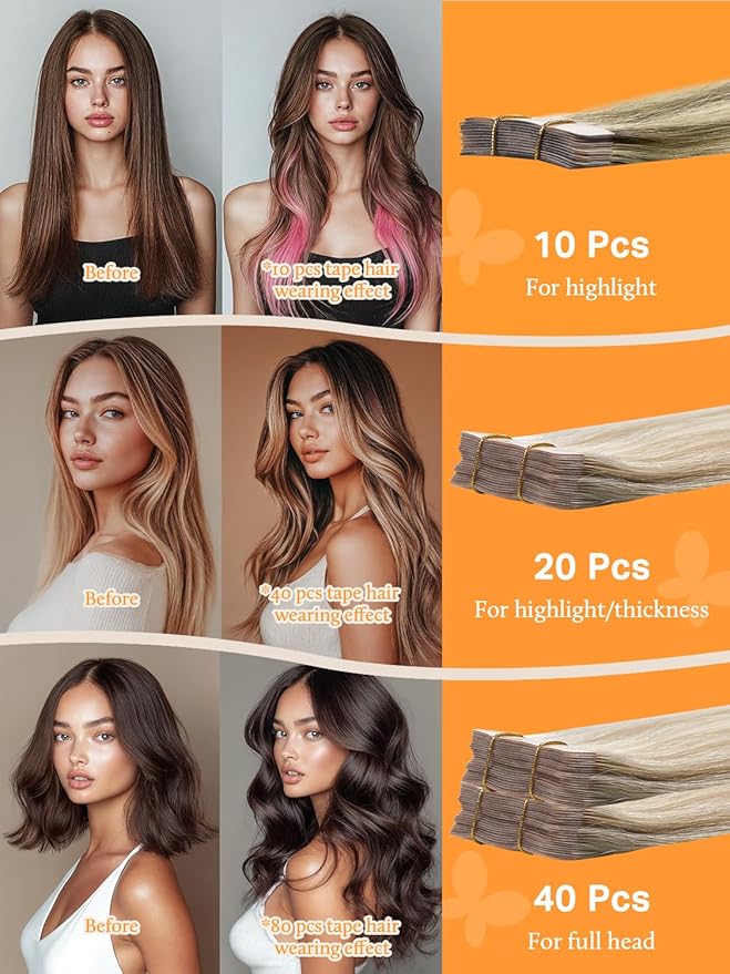 DOORES Tape in Human Hair Extensions, Dark Blonde Highlighted Bleach Blonde 26 Inch, Remy Human Hair, Straight, Tape-In Installation