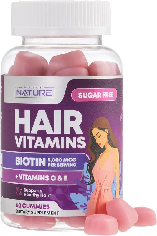 Built by Nature Hair Vitamins - Sugar Free Hair Gummies - Faster Hair Growth for Women with Hair Loss or Thinning - Hair Skin and Nail Gummy Supplement with Biotin – Non-GMO, Vegan - 60 Gummies
