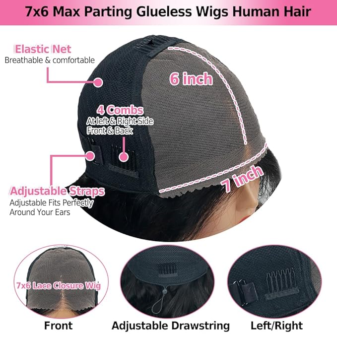 250% Density Glueless Wigs Human Hair Pre Plucked Pre Cut 7x6 Max Parting Hd Lace Closure Wigs With Drawstring Body Wave Human hair Wigs for Beginners 34 Inch