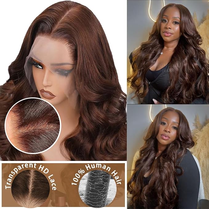 200% Density Pre Plucked 13x6 HD Lace Front twigs Human Hair Body Wave Brown Wigs Human hair Chocolate Brown Lace Front Wig 32inch for Women