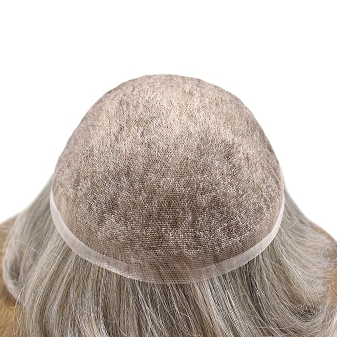 Toupee For Men Real Human Hair System For Men Full Swiss Lace Mens Toupee Lace Hair Piece For Men Hair System Bleached Knots 8x10-90% light density#650 6# LIGHT BROWN+50% GREY