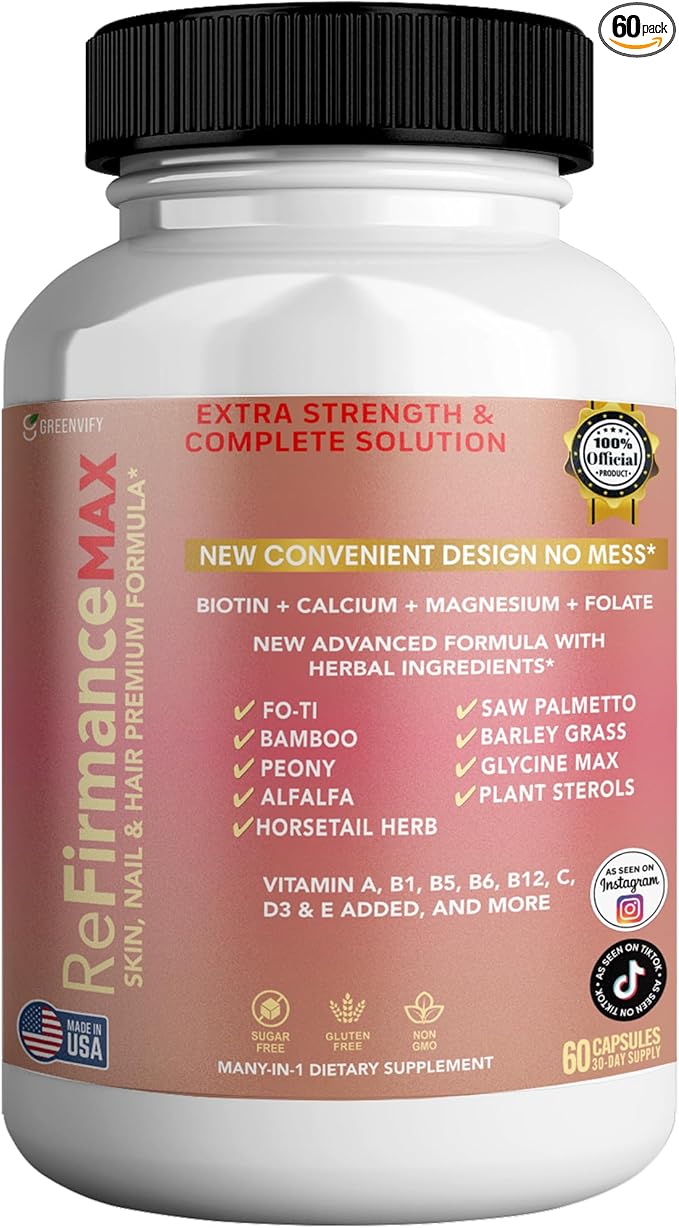 ReFirmanceMax Hair Growth Supplement, 60 Capsules, with Biotin 5000mcg, Vitamins B12, Calcium, Saw Palmetto, 30 Day Supply (1)