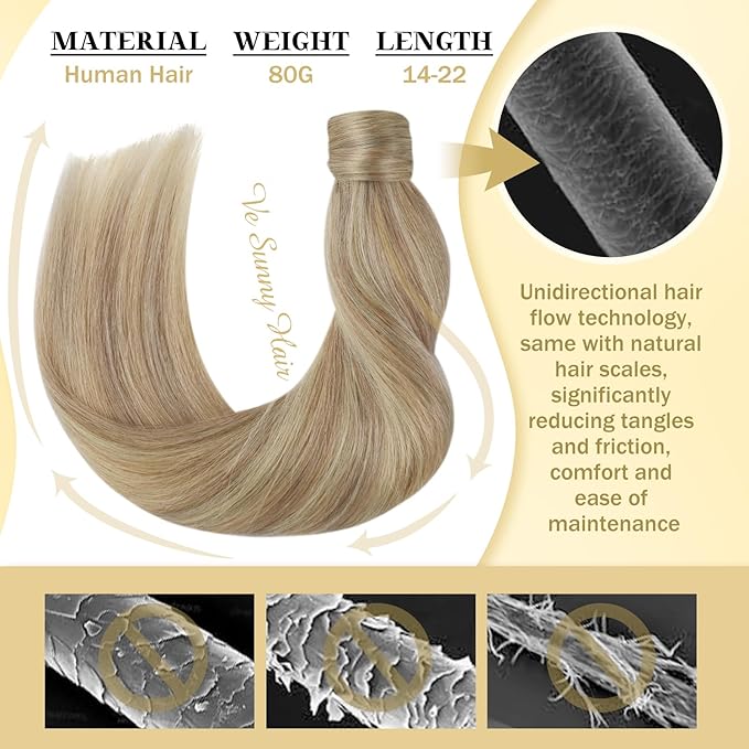 Ve Sunny Ponytail Extension Real Human Hair for Women Clip in Ponytail Hair Extension Straight Hair Pieces Wrap Around Warm Ash Blonde Highlights Bleach Blonde 18inch 80G