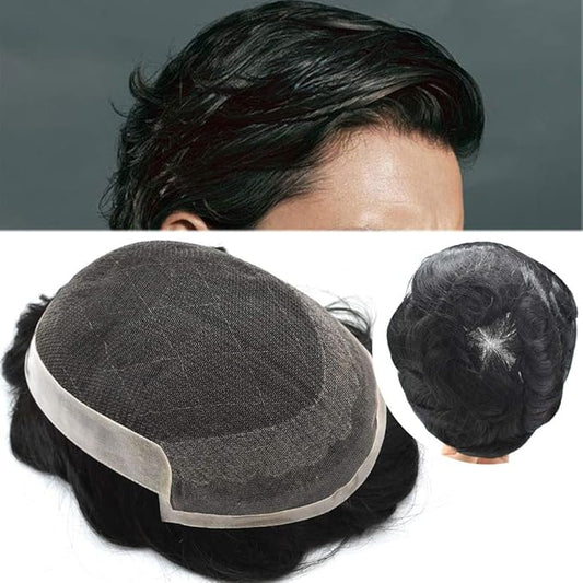 Toupee for Men Real Human Hair Swiss Lace Hairpiece for Men Hair Replacement System Poly Coated Mens Hairpieces Breathable Mens Hair System 6X9-80% Light Density 1B# OFF BLACK
