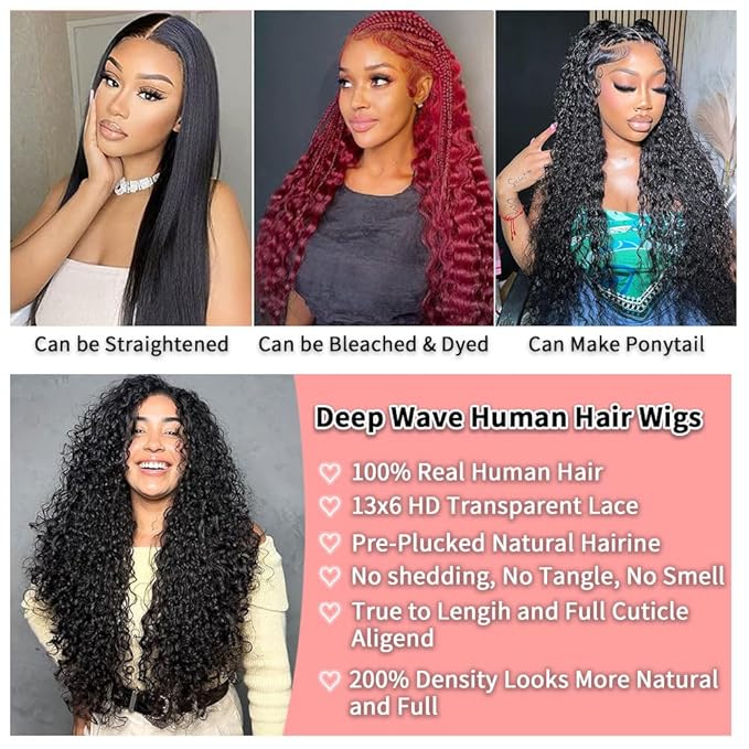 13x6 Deep Wave Lace Front Wigs Human Hair 34 Inch 200 Density HD Lace Frontal Glueless Wigs Human Hair Pre Plucked Deep Curly Wig with Baby Hair Natural Black