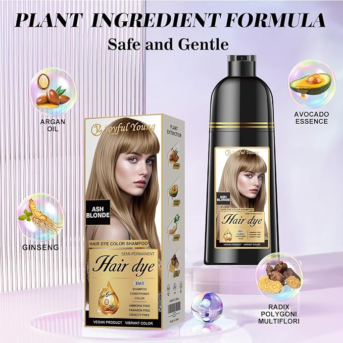 3-in-1 Natural Hair Dye Shampoo & Hair Repair Conditioner Bundle - Gray Coverage & Deep Moisture - Vegan, Sulfate-Free, Color-Safe - Argan Oil, Collagen - 2x400ml (ASH BLONDE