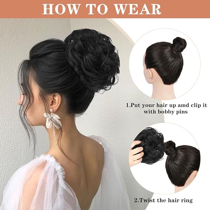 2 pcs Messy Bun Hair Piece Wavy Curly Hair Bun Scrunchies for Women Bun Hair Piece with Elastic Band Scrunchies Stretchy Fluffy Chignon Ponytail Hairpieces Updo for Women #12H24 Brown Mix Ash Blonde