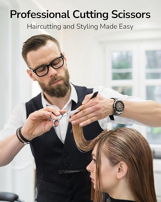 ULG Hair Cutting Shears & Thinning Scissors Kit, Japanese 440C Stainless Steel, Professional Barber Scissors Set for Home and Salon, 6.7-Inch 2.2oz Lightweight, Ergonomic Offset Handles