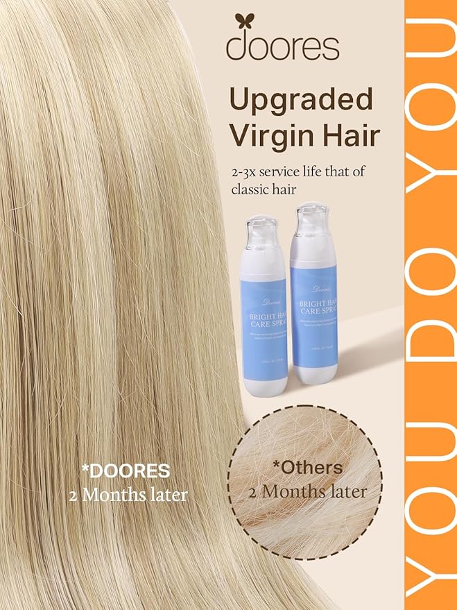 DOORES Tape in Human Hair Extensions, Dark Blonde Highlighted Bleach Blonde 26 Inch, Remy Human Hair, Straight, Tape-In Installation