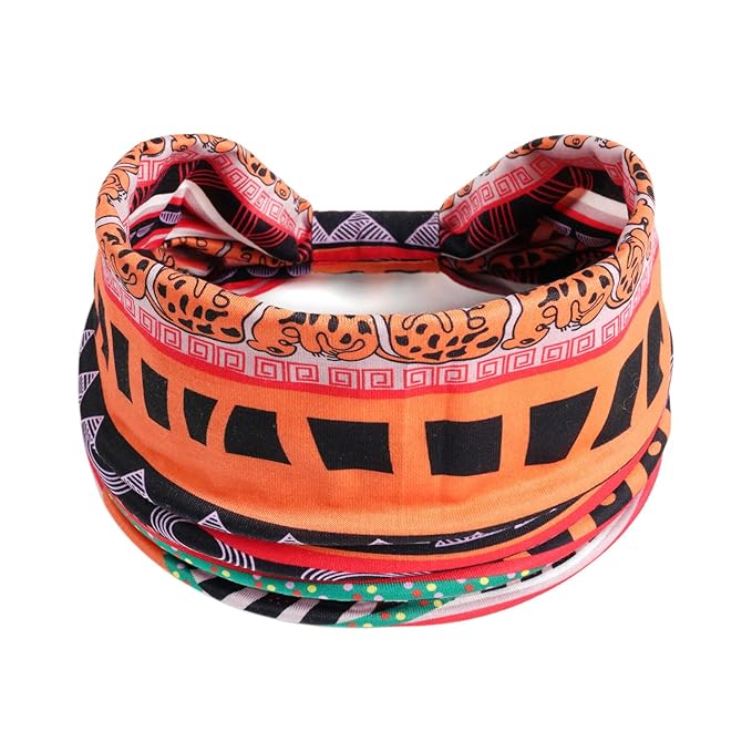 1 Pack Boho Headbands Stretch Paisley Print Bandana Headband Criss Cross Hair Bands Knotted Head Wrap Yoga Daily for Women and Girls (Orange Tribal)
