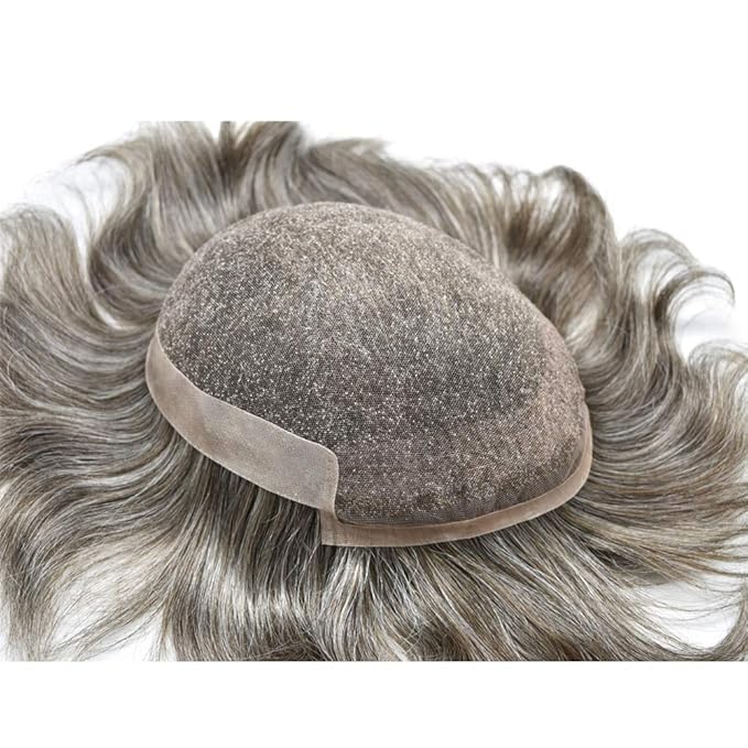 Toupee for Men Real Human Hair Swiss Lace Hairpiece for Men Hair Replacement System Poly Coated Mens Hairpieces Mens Hair System 6X8-80% Light Density 760# 7# VERY LIGHT BROWN+60% GREY