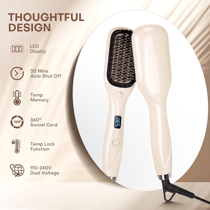 Hair Straightener Brush- Hair straighteners for Women, Ceramic Ionic Straightener Comb with Less Frizz | 20s Fast Heating | 2 in 1 Flat Iron Brush Dual Voltage Travel, Champagne