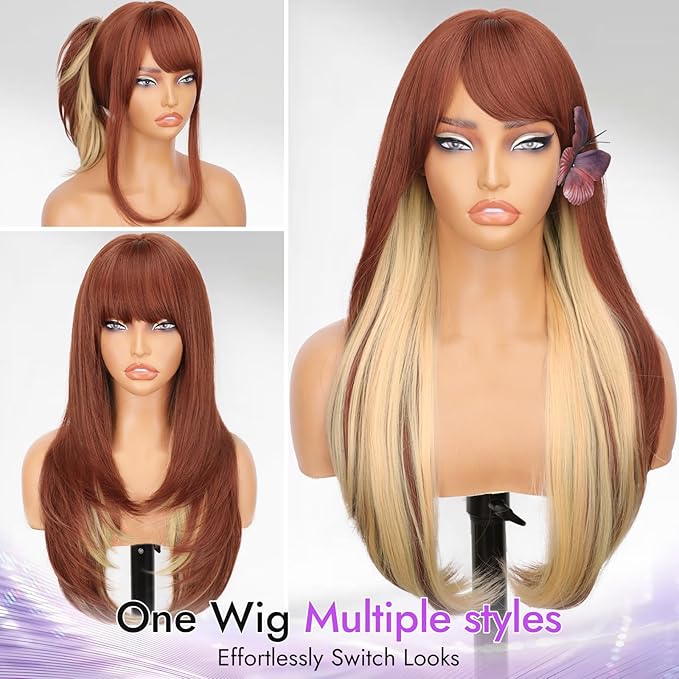 Long Reddish Brown mix Blonde Wig with Bangs for Women,Layered Hairstyle Synthetic Heat Resistant for Daily Party Use 26 inch