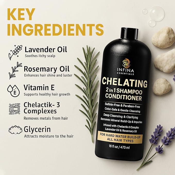 Hard Water Shampoo and Conditioner – 2-in-1 Chelating Cleanser for Buildup Removal, Soft & Shiny Hair – With Chelactik-3 Complex, Amodimethicone & Rosemary Oil – Sulfate-Free - Color Safe – 16 fl oz