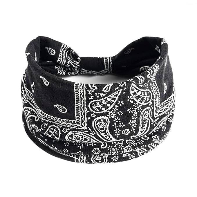 1 Pack Boho Headbands Stretch Paisley Print Bandana Headband Criss Cross Hair Bands Knotted Head Wrap Yoga Daily for Women and Girls (Black)
