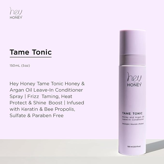 Hey Honey Tame Tonic Honey & Argan Oil Leave-In Conditioner Spray | Frizz‑Taming, Heat‑Protect & Shine‑Boost | Infused with Keratin & Bee Propolis, Sulfate & Paraben Free – 150 mL (5 oz)