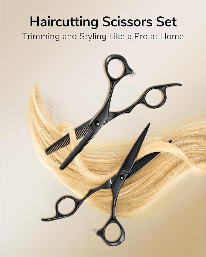 ULG Hair Cutting Scissors Set 2-Pack Haircut Shears and Hair Thinning Scissors Ergonomic Handle Lightweight Hairdressing Shears for Home and Salon Use, Matte Black