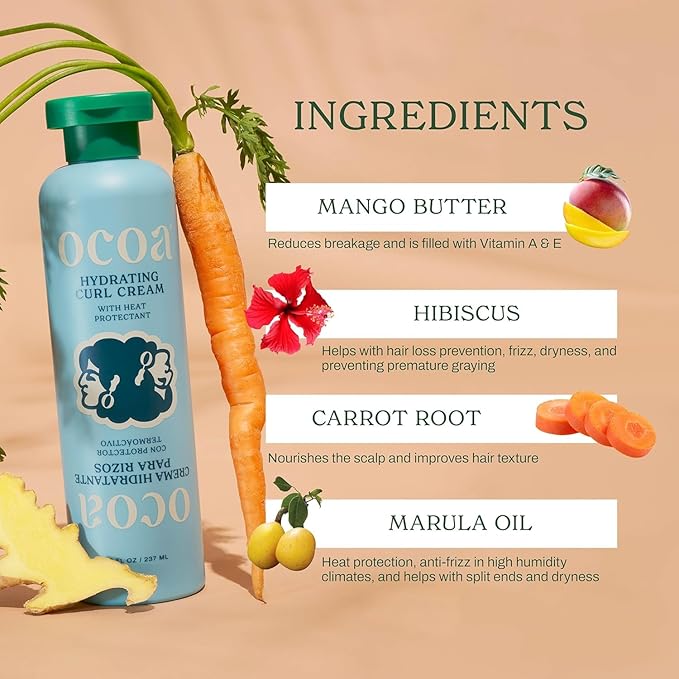 OCOA Curl Cream & Styling Gel Bundle – Hydrate, Define, & Protect Curls – Made with Hibiscus, Mango Butter, Flaxseed, and Marula Oil – Frizz-Free, Long-Lasting, Soft & Touchable Finish – 8oz