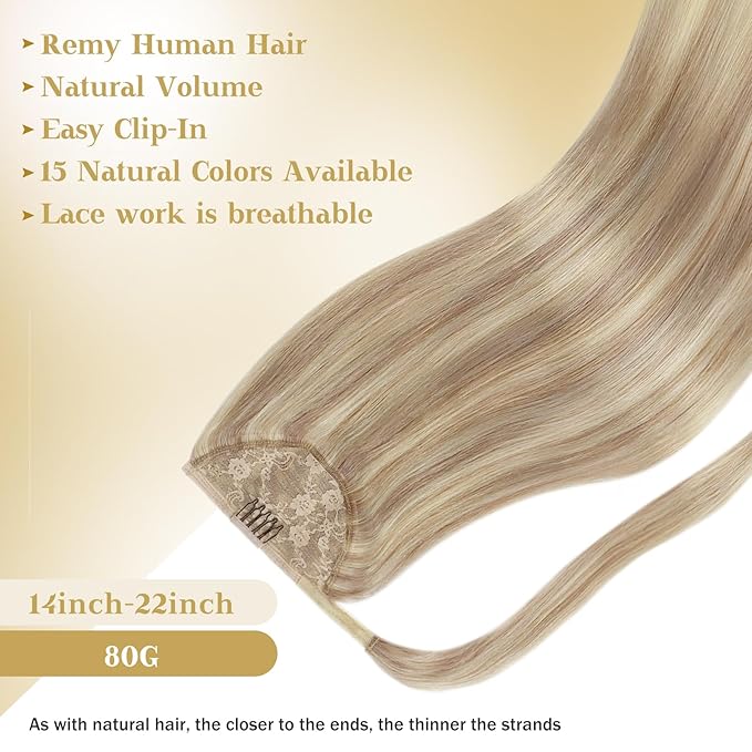 Ve Sunny Ponytail Extension Real Human Hair for Women Clip in Ponytail Hair Extension Straight Hair Pieces Wrap Around Warm Ash Blonde Highlights Bleach Blonde 18inch 80G