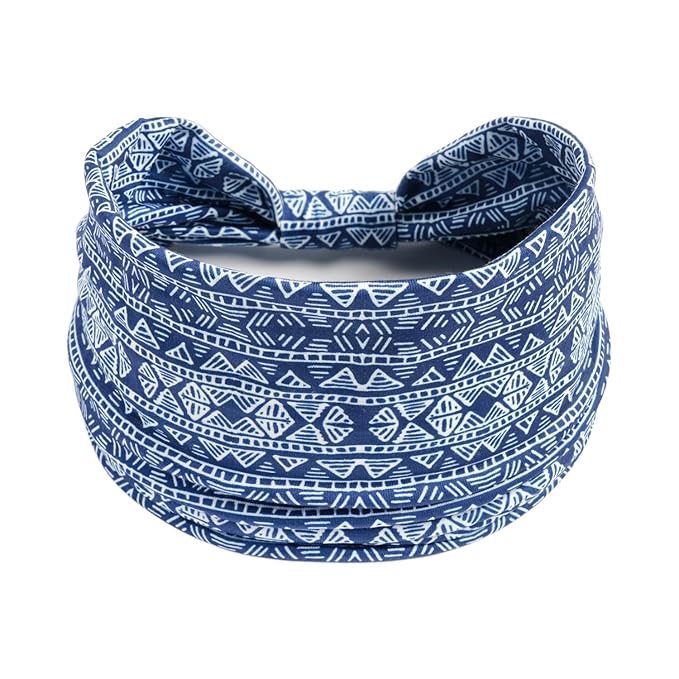 1 Pack Boho Headbands Stretch Paisley Print Bandana Headband Criss Cross Hair Bands Knotted Head Wrap Yoga Daily for Women and Girls (Light Blue Knit)