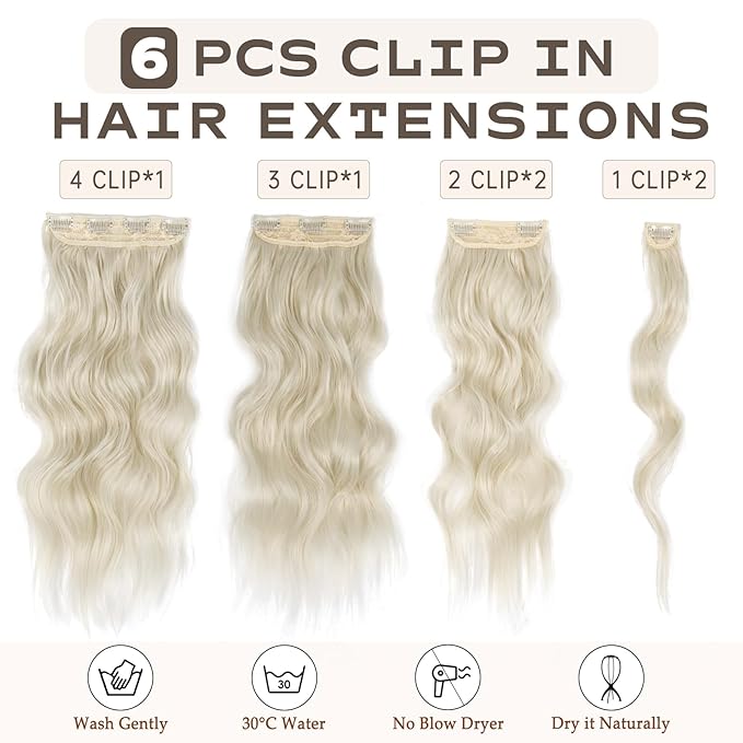 Vigorous Clip in Hair Extensions 20Inch Hair Extensions Clip Ins 6Pcs Long Wavy Soft Synthetic Hairpieces for Women(Platium Blonde)