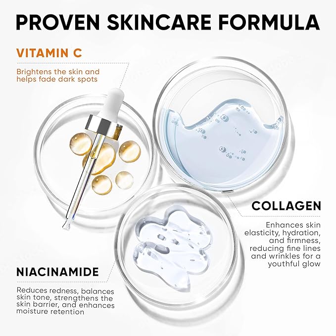 Vitamin C Serum for Face, Stem Cells, Niacinamide, Hyaluronic Acid & Vitamin E – Anti-Aging Retinol Facial Serum with Glycolic Acid & Retinal for Brightening, Hydrating & Firming Skin – Made in USA