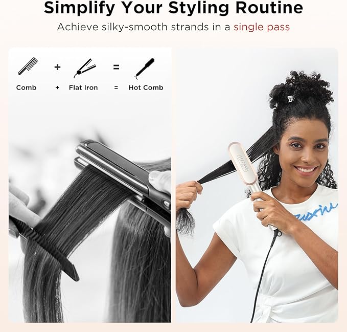 Prizm Hair Straightener Brush, 20s Fast Heating, Negative Ions Hair Straightening Comb with Less Frizz, 4 Temp Settings & LED Display, Anti-Scald Design for Home Salon, Dual Voltage, Champagne Silver