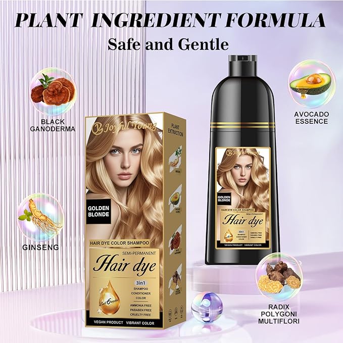 3-in-1 Natural Hair Dye Shampoo & Hair Repair Conditioner Bundle - Gray Coverage & Deep Moisture - Vegan, Sulfate-Free, Color-Safe - Argan Oil, Collagen - 2x400ml (GOLDEN BLONDE)