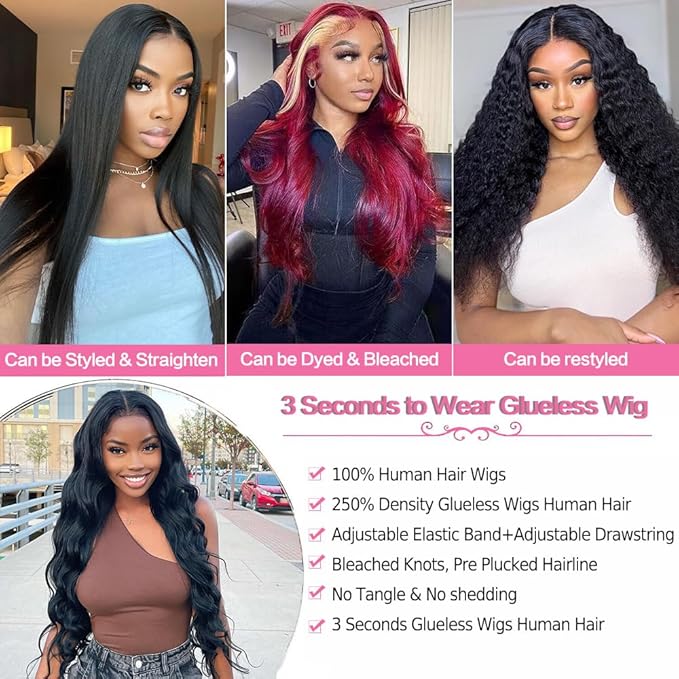 250% Density Glueless Wigs Human Hair Pre Plucked Pre Cut 7x6 Max Parting Hd Lace Closure Wigs With Drawstring Body Wave Human hair Wigs for Beginners 34 Inch