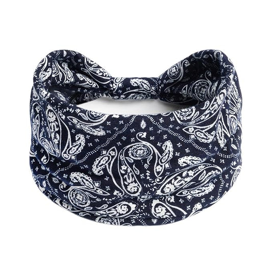 1 Pack Boho Headbands Stretch Paisley Print Bandana Headband Criss Cross Hair Bands Knotted Head Wrap Yoga Daily for Women and Girls (Navy Dark)
