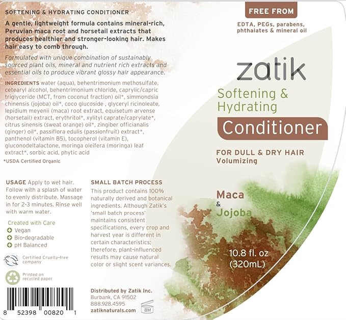 Zatik Naturals - Softening & Hydrating Shampoo + Conditioner Set - with Maca and Jojoba for all Hair, Vegan, Biodegradable, pH Balanced, Free From Sulfates, 10.8 fl oz (One of Each)