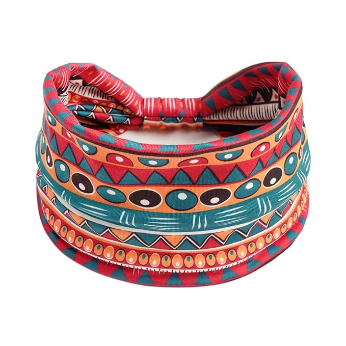 1 Pack Boho Headbands Stretch Paisley Print Bandana Headband Criss Cross Hair Bands Knotted Head Wrap Yoga Daily for Women and Girls (Red Multicolor)