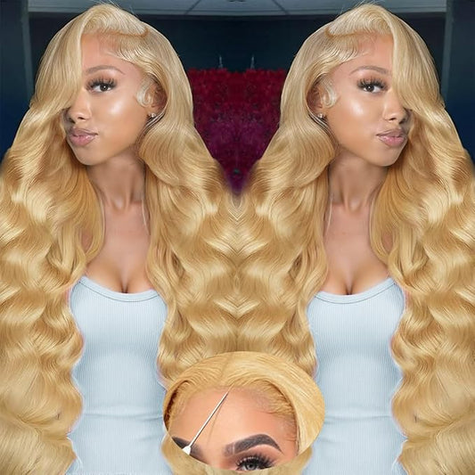 28 Inch Honey Blonde Wig Human Hair 220% Density 9x6 Body Wave Lace Front Wigs Human Hair Pre Plucked Colored 27# HD Frontal Wigs