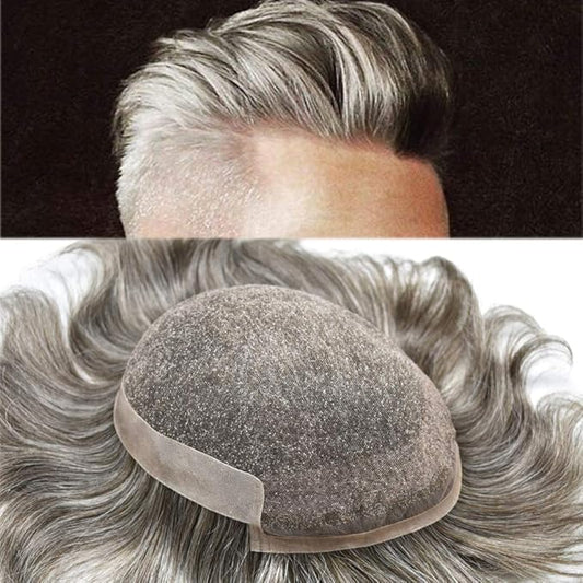 Toupee for Men Real Human Hair Swiss Lace Hairpiece for Men Hair Replacement System Poly Coated Mens Hairpieces Breathable Mens Hair System 6X9-100% Density 380# 3# DARK BROWN+80% GREY