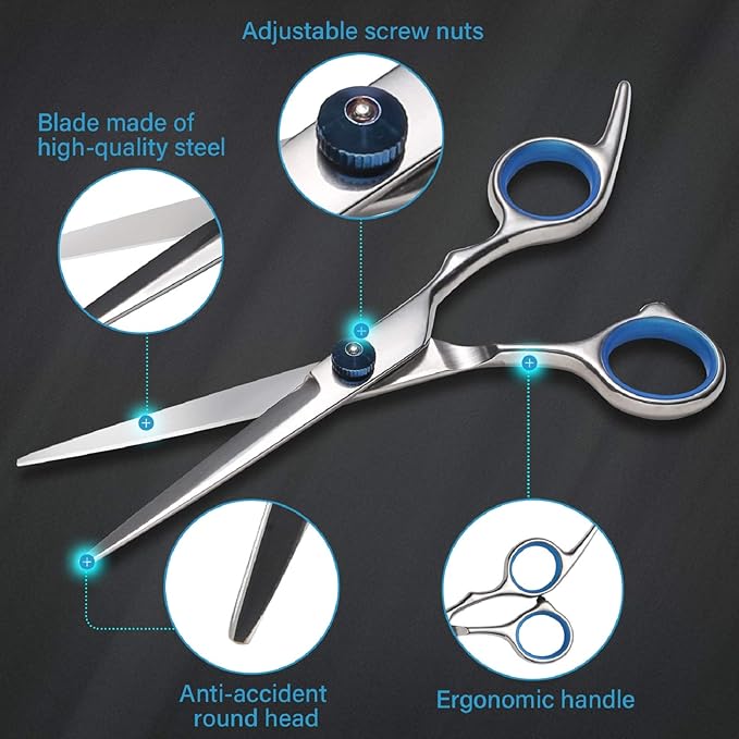 Haircut Scissors Kit, 11 Pcs Professional Set - Haircut, Thinning Scissors, Neck Duster Brush, Comb, Barber Cape, Hair Clips, Hairdressing Shears for Barber and Home