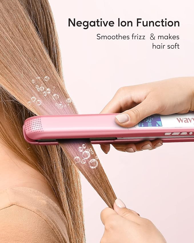 Wavytalk Salon Flat Iron Hair Straightener, Negative Ion Function with Titanium Plates Get Shinier & Smoother Hair, 15 Adjustable Temp, Dual Voltage & 60 Mins Auto Shut Off (Rose Gold)