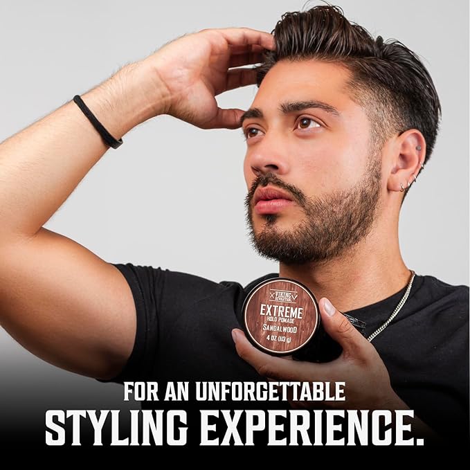 Viking Revolution Sandalwood Hair Pomade for Men - Extreme Hold Water-Based Hair Gel - Extra Firm Strong Hold With High Shine - Mens Pomade (4oz)