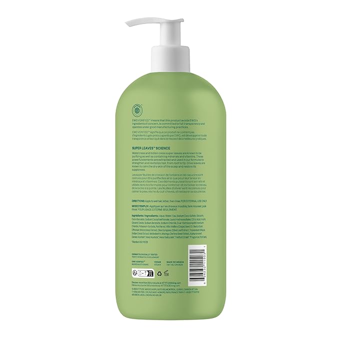 ATTITUDE Nourishing Hair Shampoo, EWG Verified, For Dry and Damaged Hair, Naturally Derived Ingredients, Vegan and Plant Based, Grapeseed Oil and Olive Leaves, 32 Fl Oz (Pack of 6)