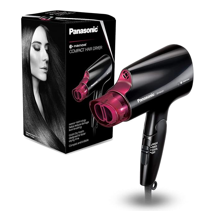 Panasonic nanoe Compact Hair Dryer for Healthy-Looking Hair, 1400W Portable, Folding Handling and QuickDry Nozzle for Fast Drying – EH-NA27-K (Black/Pink)