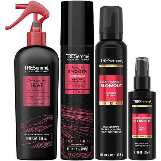 TRESemmé Keratin Smooth Blowout Hair Styling Bundle – Mousse + Finishing, Protecting Heat & Shine Sprays, Frizz Control