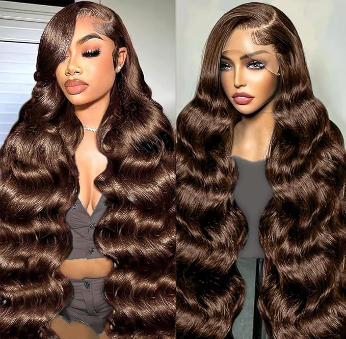 200% Density Pre Plucked 13x6 HD Lace Front twigs Human Hair Body Wave Brown Wigs Human hair Chocolate Brown Lace Front Wig 32inch for Women