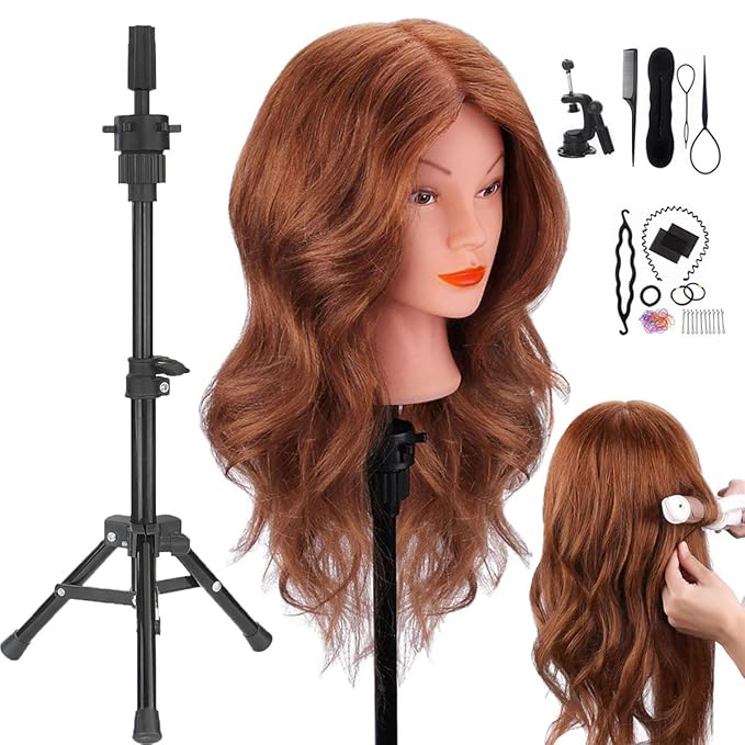 Mannequin Head with Human Hair, 18 inch Mannequin Head with Tripod Stand, Real Hair Cosmetology Makeup Hairdressing Training Head with Wig Stand Tripod, Doll Head for Hair Styling Training with Table