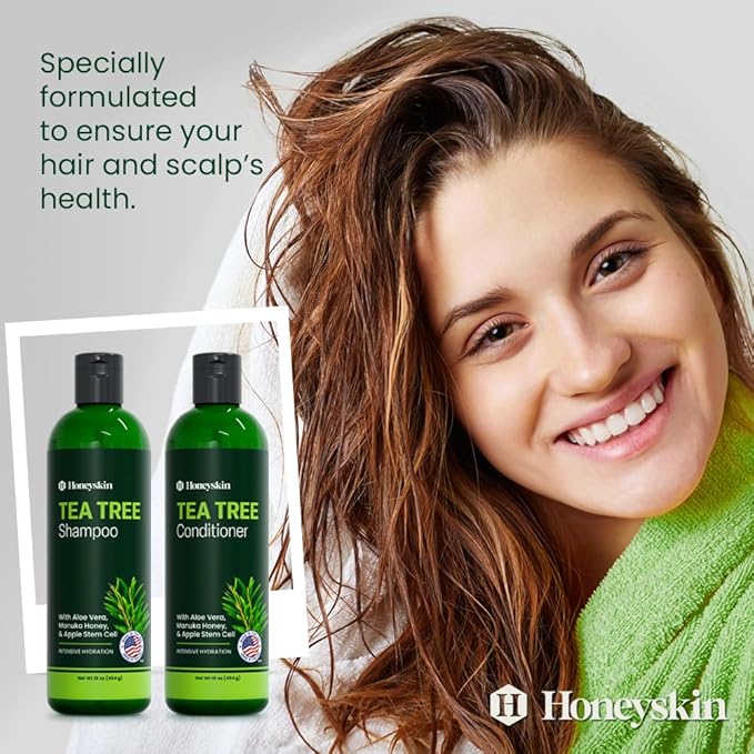 Tea Tree & Honey Shampoo & Conditioner Set - Dandruff Treatment With Organic Tea Tree Oil - Itchy Scalp Treatment for Women & Men - Sulfate and Paraben Free With Manuka Honey Aloe Vera & Coconut (8oz)