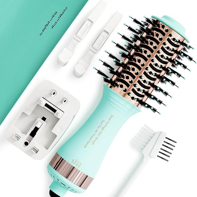 Travel Dual Voltage Hair Dryer Brush Blow Dryer Brush in One,2 Inch Hot Air Brush,Travel Hair Styler/Volumizer/Straightener/Curler,European Blow Dryer Brush with Universal Adapter