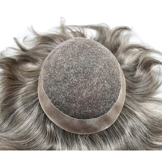 Toupee for Men Real Human Hair Swiss Lace Hairpiece for Men Hair Replacement System Poly Coated Mens Hairpieces Mens Hair System 6X9-120% Density 580# 5# MEDIUM LIGHT BROWN+80% GREY